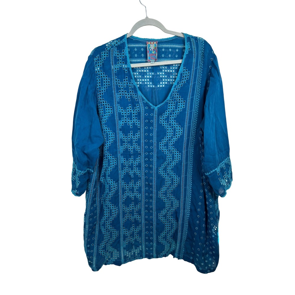 Johnny Was Tunic Womens 2X Teal Blue Very Good Eyelet Embroidered Boho Top